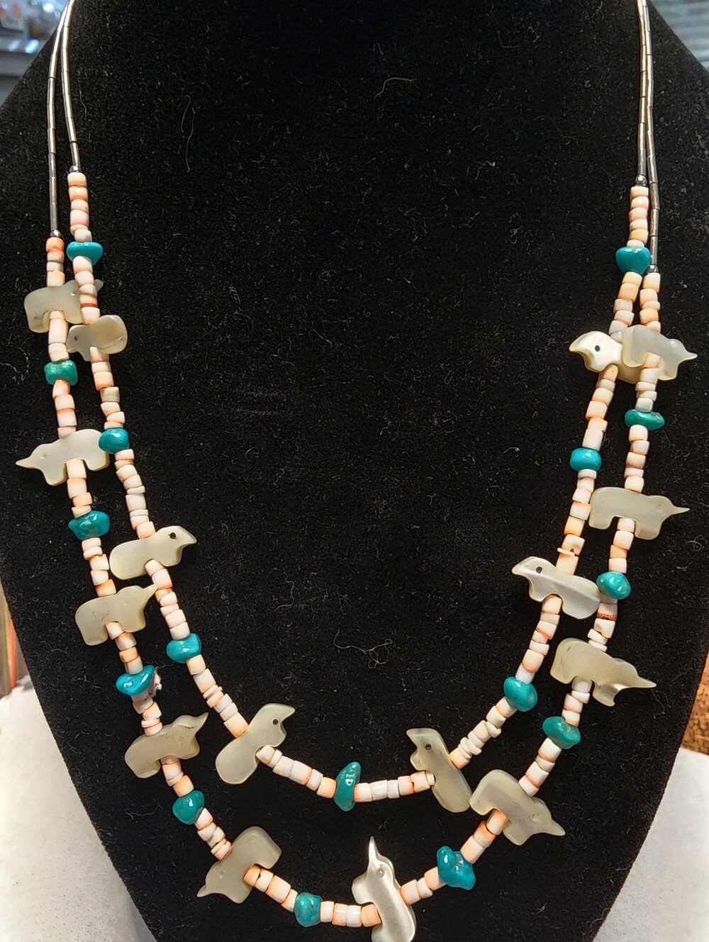 Vintage SW Liquid Silver Fetish Necklace • MOP Bear Bird Turquoise Double Strand